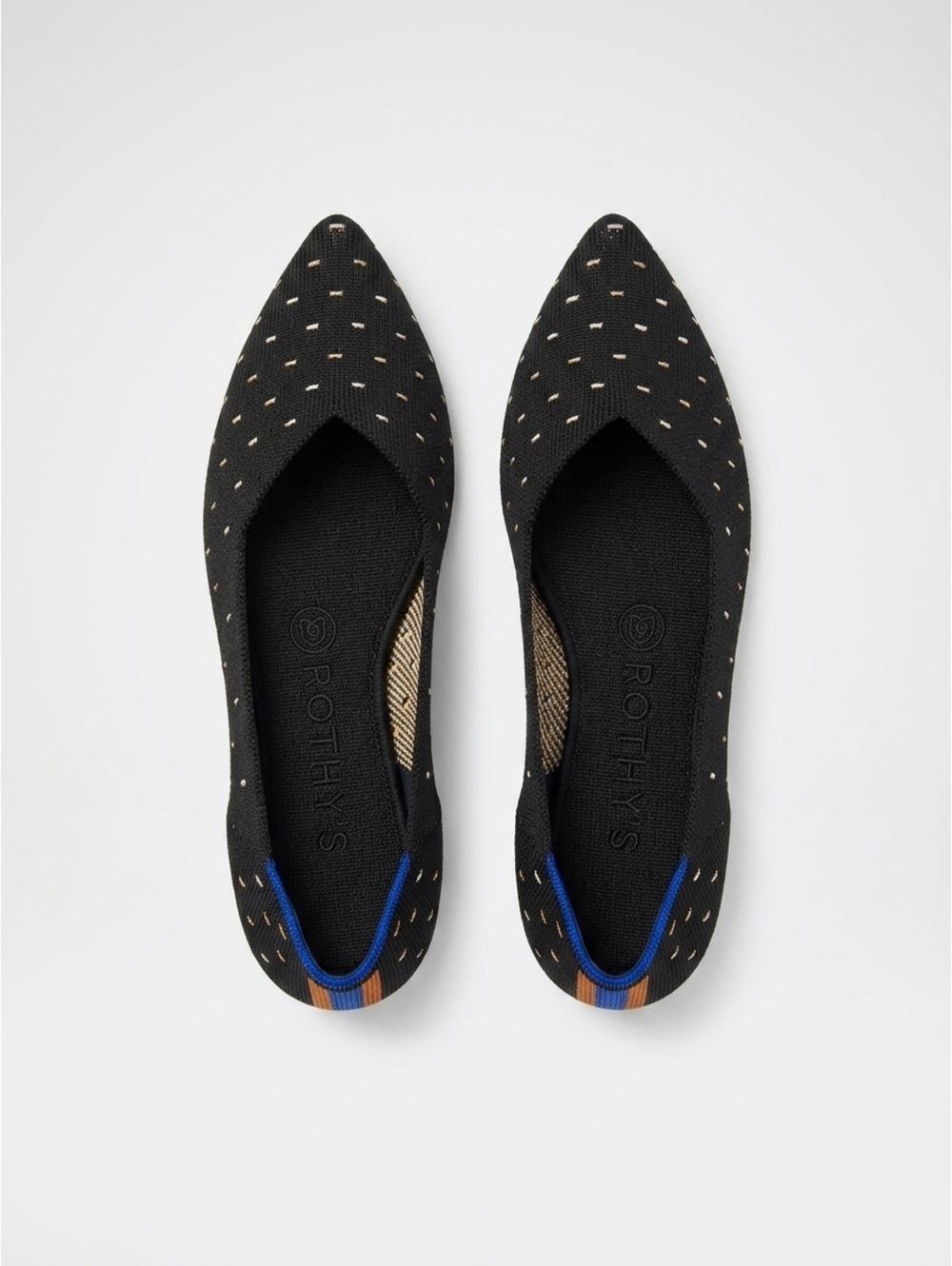 Rothy's Women's Pointed Toe Flats Size W7 Black with Beige Stitching